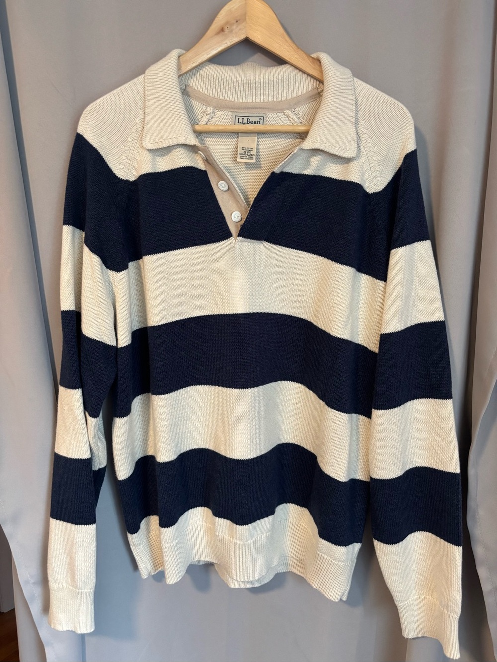 L.L. Bean Men’s Navy & White Striped Cotton Cashmere Rugby Sweater size XL